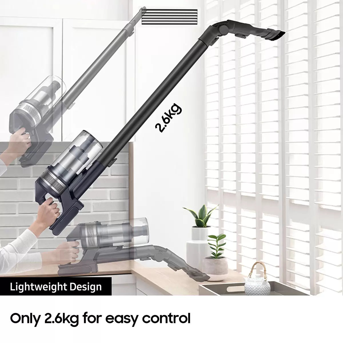 Front view of the silver and silver-grey Samsung Jet 75E Complete cordless stick vacuum cleaner standing upright on its 2-in-1 wall dock against a modern white wall.