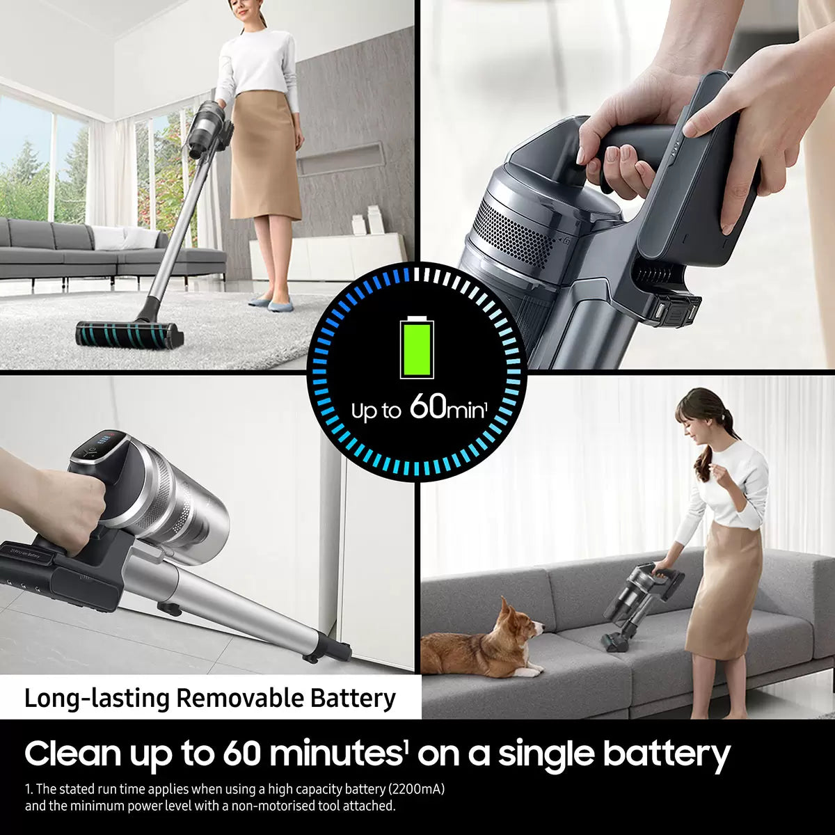 Front view of the silver and silver-grey Samsung Jet 75E Complete cordless stick vacuum cleaner standing upright on its 2-in-1 wall dock against a modern white wall.