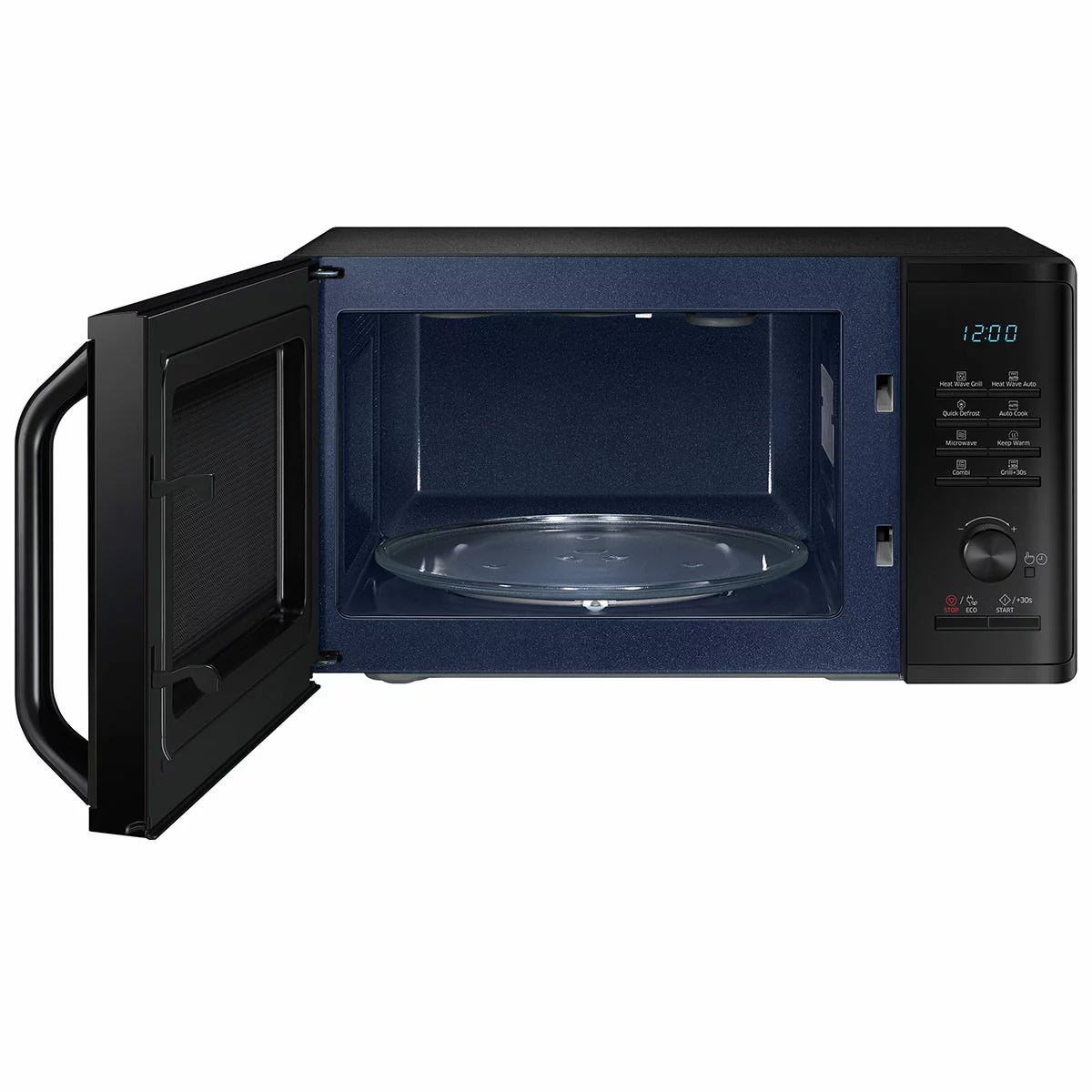 Front view of the black Samsung MG23K3575AK 23L Heat Wave microwave grill sitting on a modern kitchen counter with its digital display lit up.