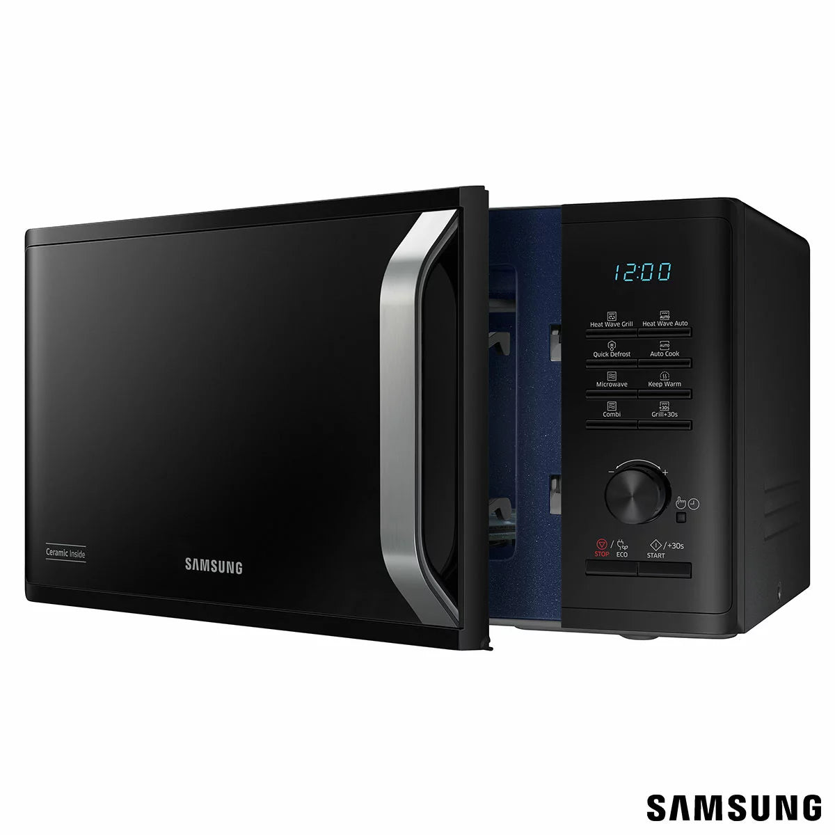 Front view of the black Samsung MG23K3575AK 23L Heat Wave microwave grill sitting on a modern kitchen counter with its digital display lit up.