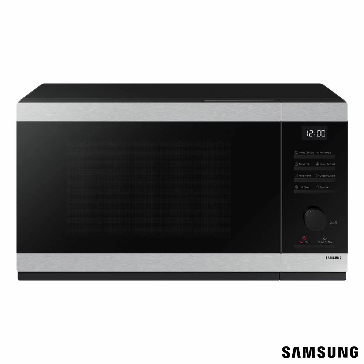 Front view of the sleek black Samsung MS32DG4504ATE3 32L solo microwave sitting on a modern kitchen countertop showing the glass door, digital display, and tactile control dial.