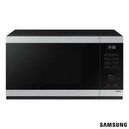 Front view of the sleek black Samsung MS32DG4504ATE3 32L solo microwave sitting on a modern kitchen countertop showing the glass door, digital display, and tactile control dial.