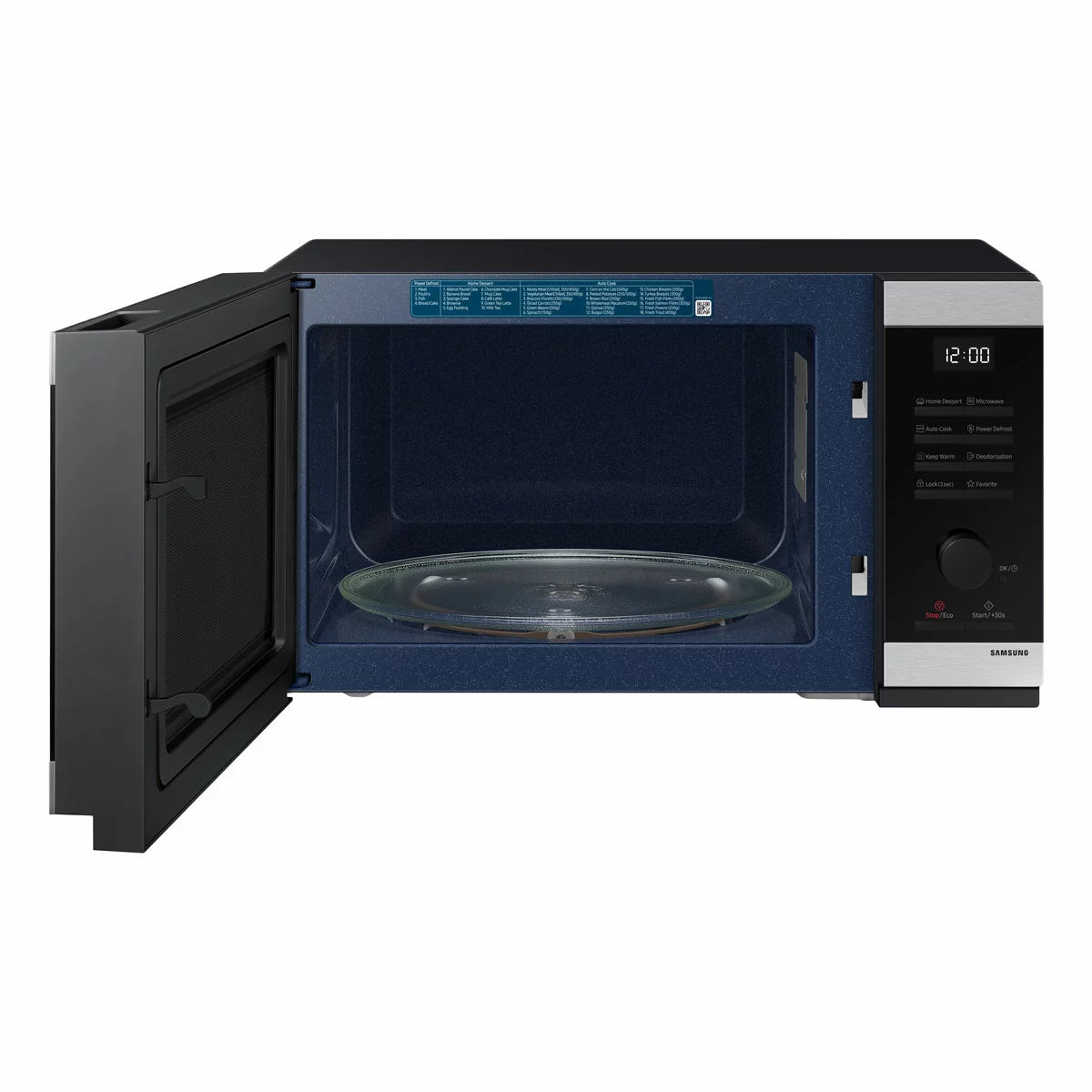 Front view of the sleek black Samsung MS32DG4504ATE3 32L solo microwave sitting on a modern kitchen countertop showing the glass door, digital display, and tactile control dial.