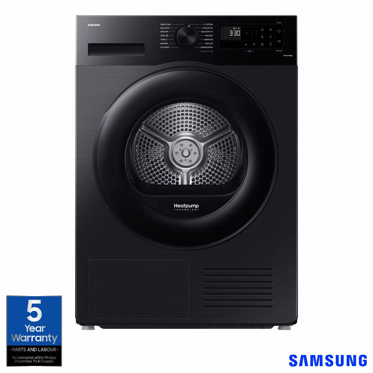 Samsung Series 5 DV90CGC0A0ABEU 9kg A++ Rated Heat Pump Tumble Dryer in Black with energy-efficient drying and sensor technology .