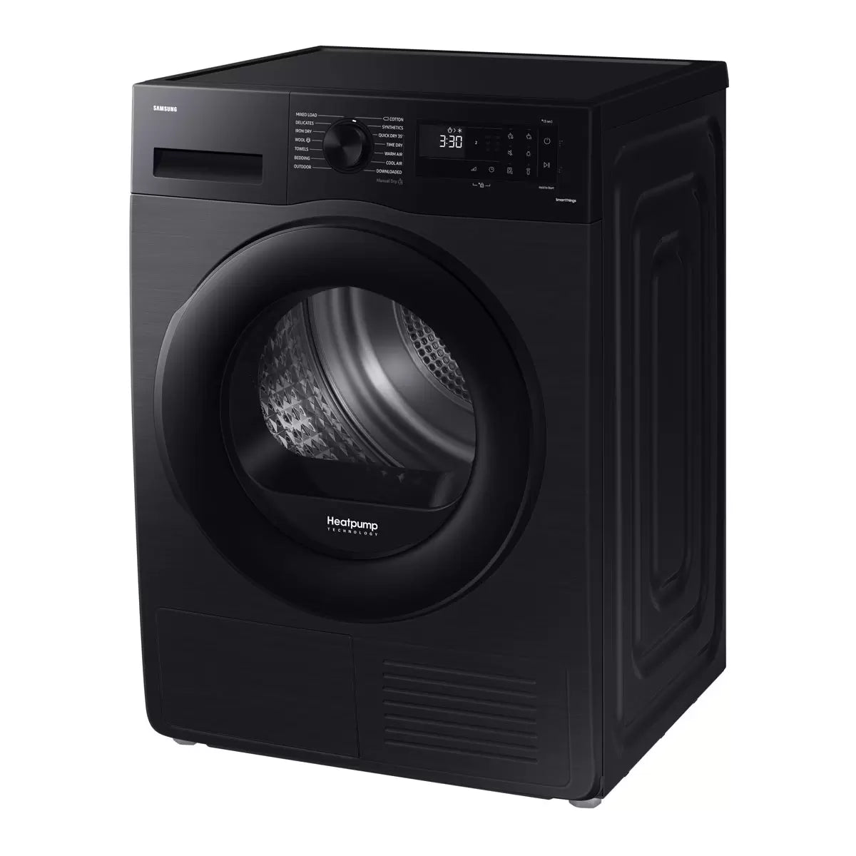 Samsung Series 5 DV90CGC0A0ABEU 9kg A++ Rated Heat Pump Tumble Dryer in Black with energy-efficient drying and sensor technology .