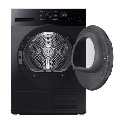 Samsung Series 5 DV90CGC0A0ABEU 9kg A++ Rated Heat Pump Tumble Dryer in Black with energy-efficient drying and sensor technology .
