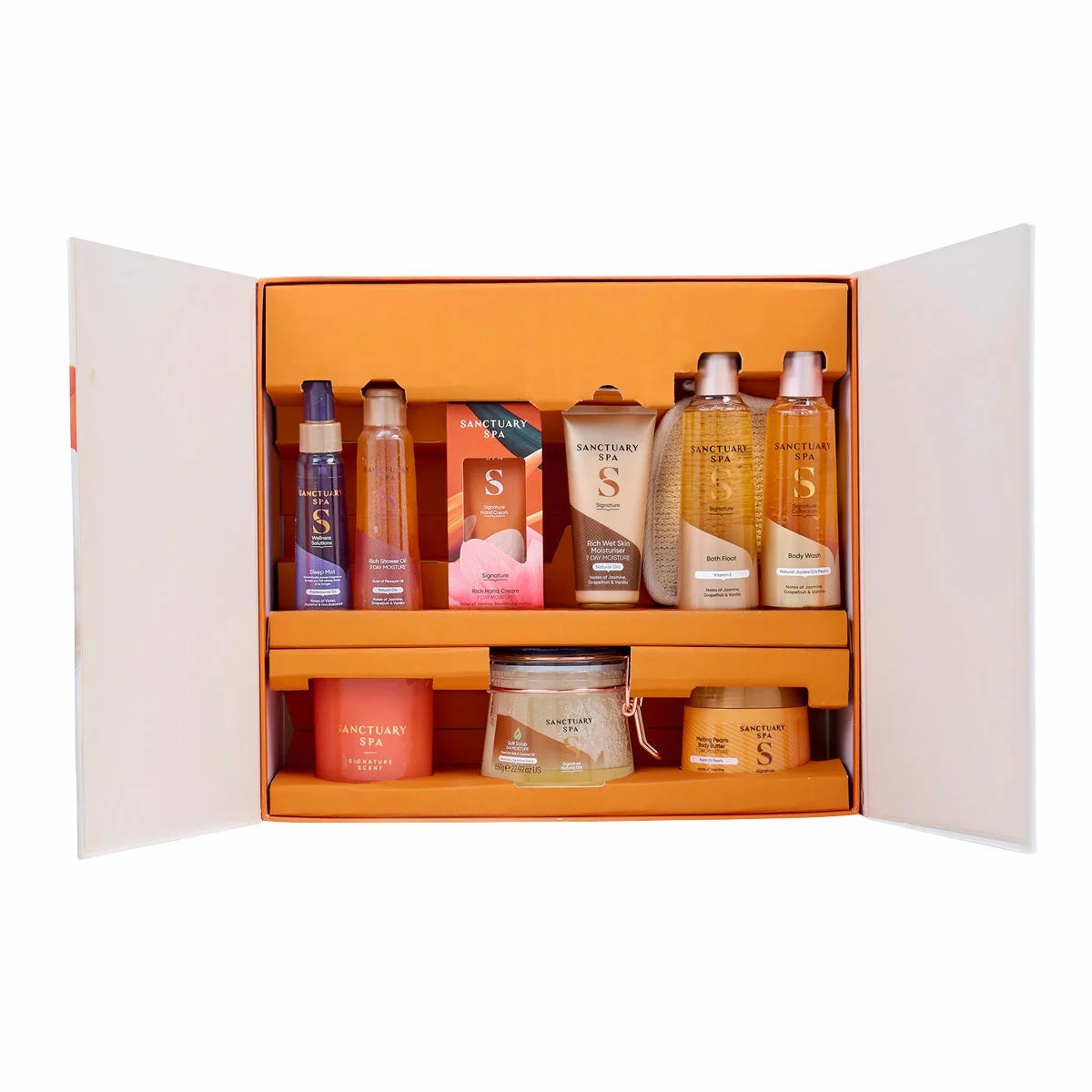Front view of the 10-piece Sanctuary Spa Total Spa Collection Set in a luxury gift box resting on a white marble bathroom counter.