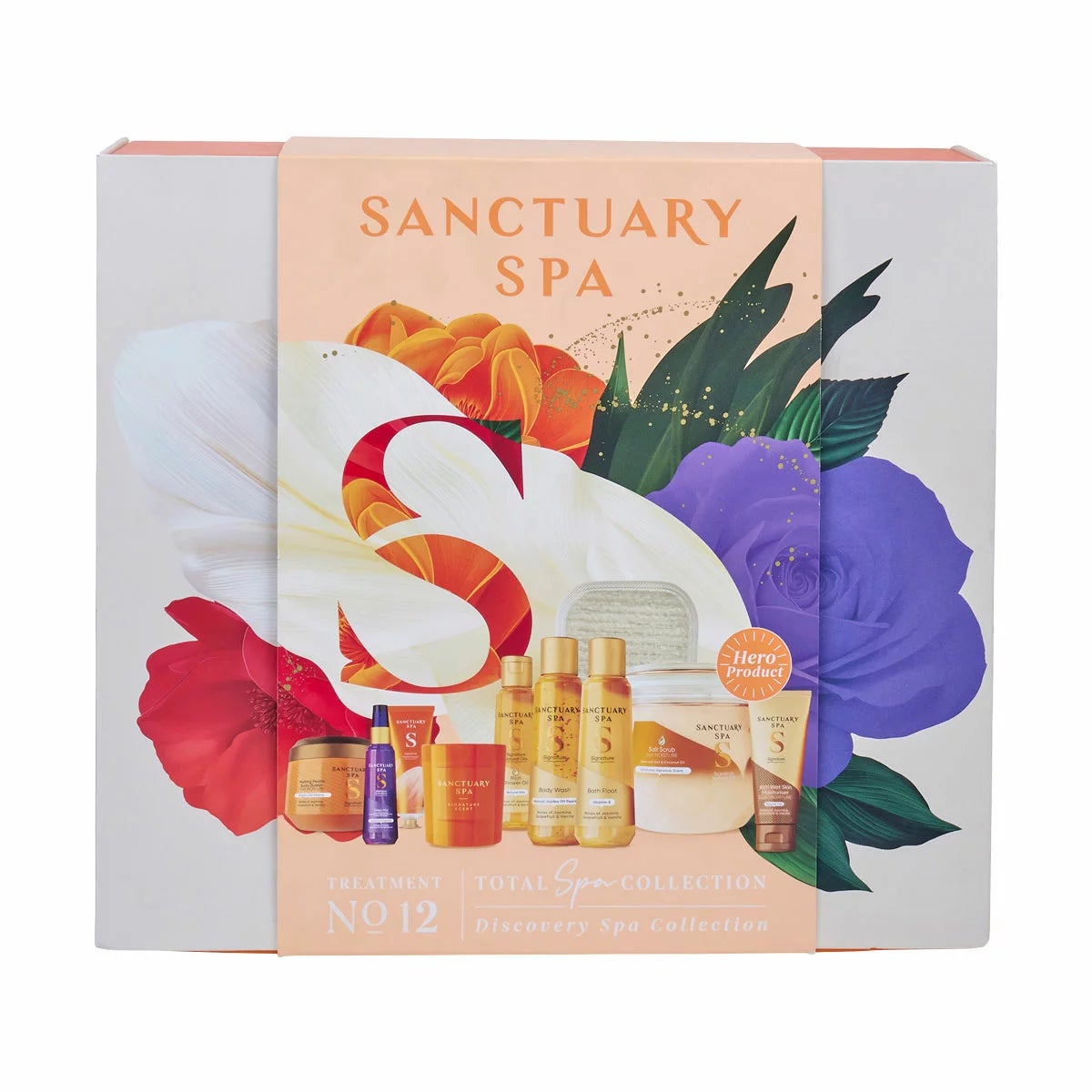 Front view of the 10-piece Sanctuary Spa Total Spa Collection Set in a luxury gift box resting on a white marble bathroom counter.