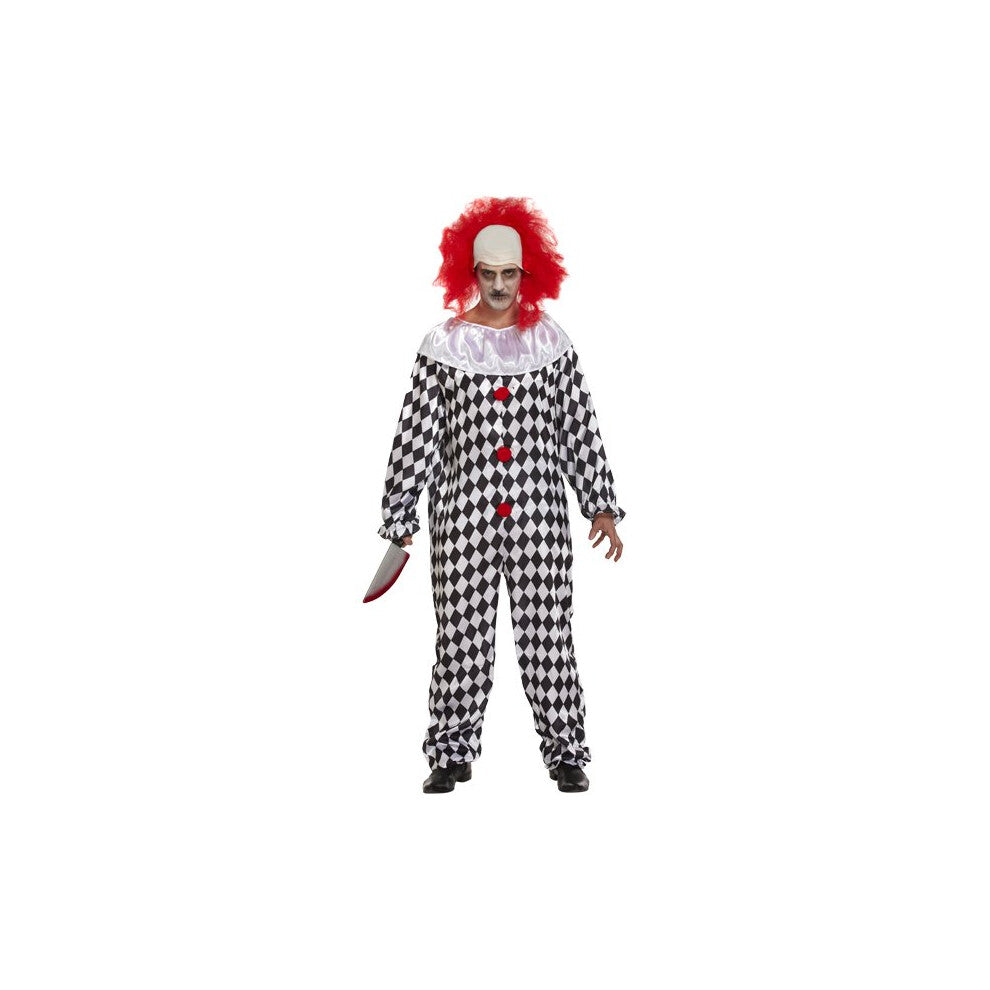 Full-length view of the white, black, and red scary clown costume bodysuit paired with a chaotic synthetic wig.