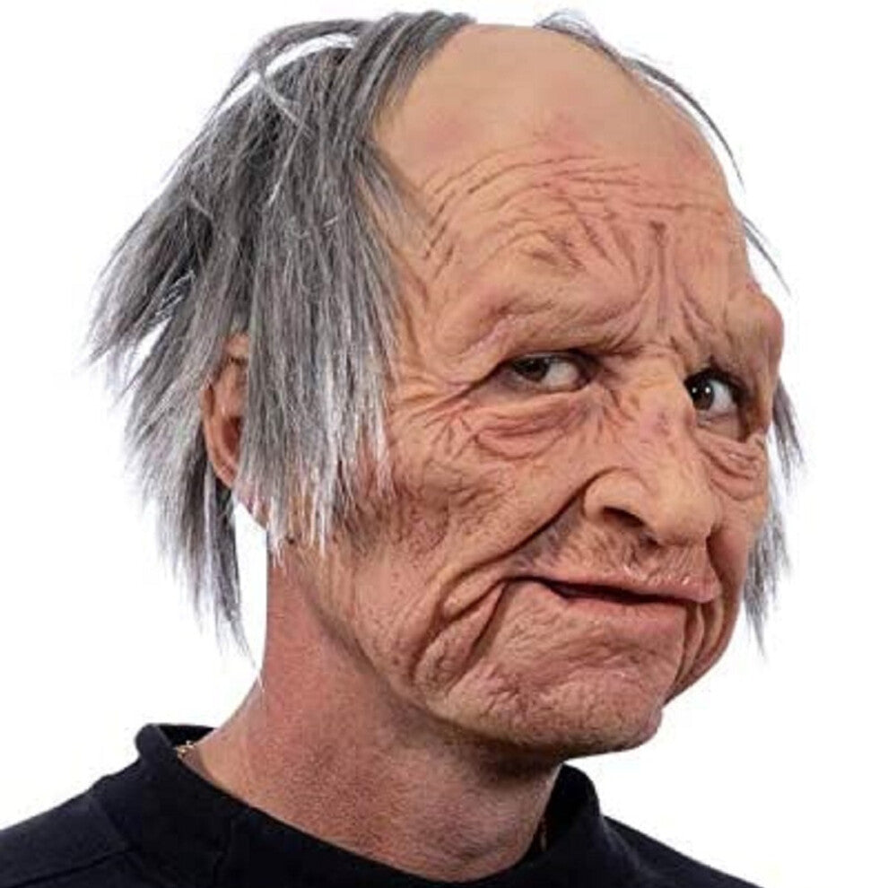 Front view of a scary elderly grandpa synthetic latex mask with realistic wrinkled skin textures and aged facial features.