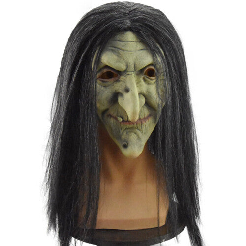 Front view of an overhead green latex evil witch mask featuring deep face wrinkles, synthetic hair strands, and large eye cutouts for Halloween cosplay.