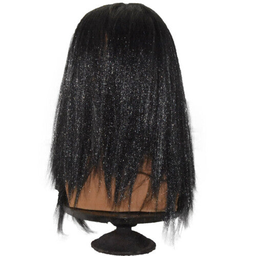 Front view of an overhead green latex evil witch mask featuring deep face wrinkles, synthetic hair strands, and large eye cutouts for Halloween cosplay.