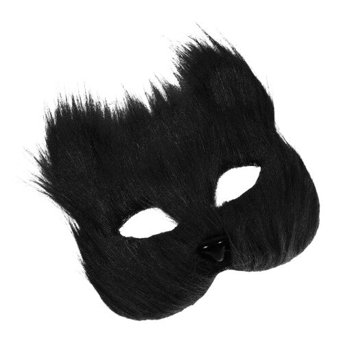 Front angle view of a women's scary plush fox masquerade mask with detailed simulation fur texture set against a dark costume backdrop.