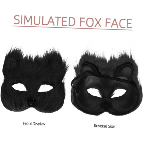 Front angle view of a women's scary plush fox masquerade mask with detailed simulation fur texture set against a dark costume backdrop.