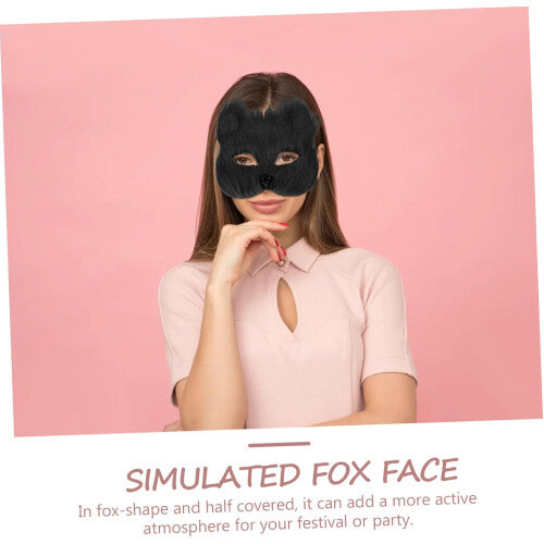 Front angle view of a women's scary plush fox masquerade mask with detailed simulation fur texture set against a dark costume backdrop.