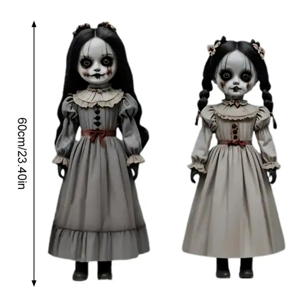 Front view of two scary voice-controlled Halloween ghost doll ground decorations made of pale white PVC plastic positioned on a green lawn.