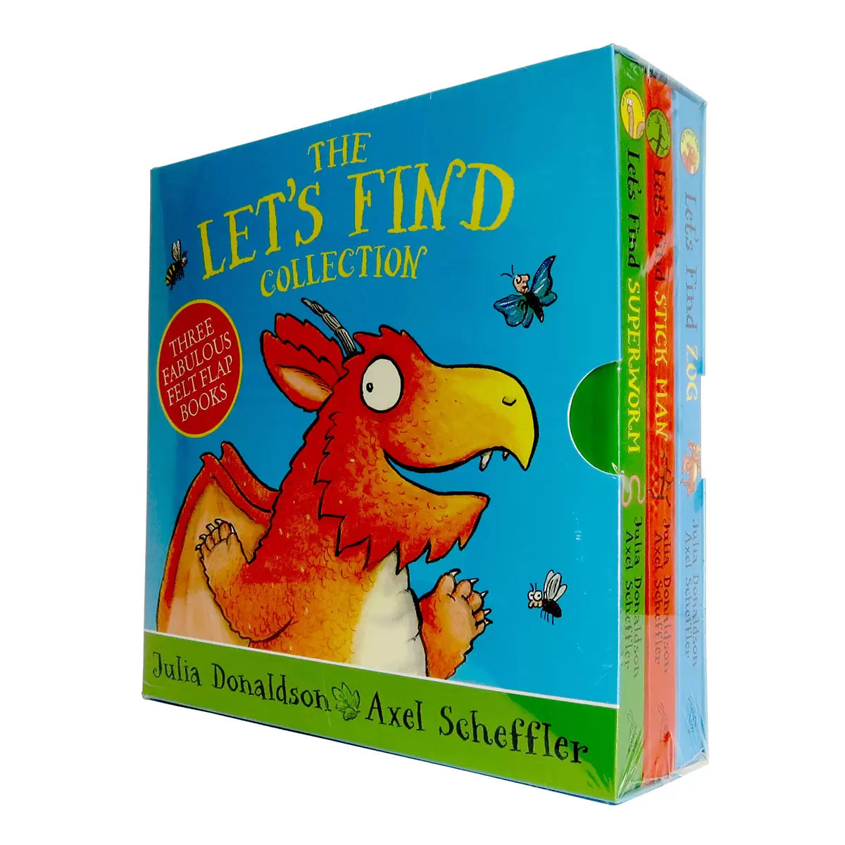 Three Scheffler and Donaldson Let's Find board books displayed together showing colorful felt flaps on the covers featuring Zog, Stick Man, and Superworm.
