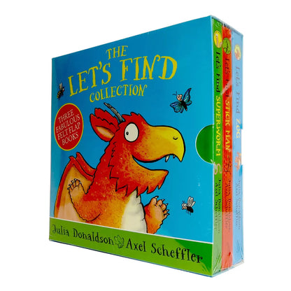 Three Scheffler and Donaldson Let's Find board books displayed together showing colorful felt flaps on the covers featuring Zog, Stick Man, and Superworm.