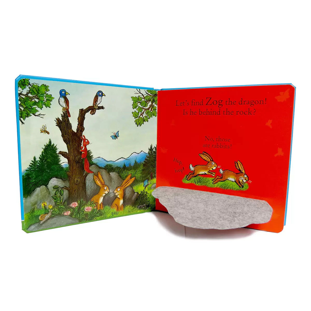 Three Scheffler and Donaldson Let's Find board books displayed together showing colorful felt flaps on the covers featuring Zog, Stick Man, and Superworm.