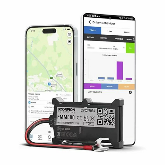 Top-down studio shot of the compact black plastic ScorpionTrack 4G 2-wire GPS hardware unit with exposed red and black power leads, displayed alongside its official setup guide on a textured grey background.