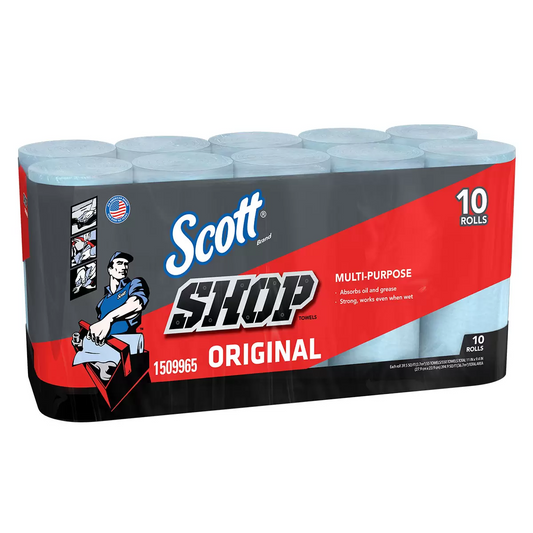 Scott Shop Multipurpose Towels 10-pack shrink-wrapped bundle featuring blue industrial paper towel rolls stacked on a clean metal workbench.