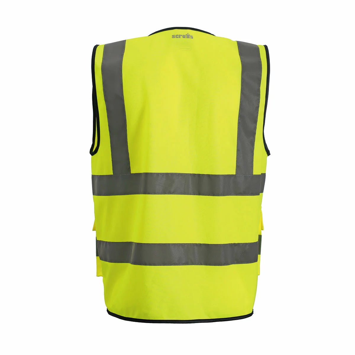 Five neon yellow Scruffs high-vis executive safety vests with reflective silver strips, a clear plastic chest ID pocket, and a dark zip fastening, laid out on a clean industrial concrete background.