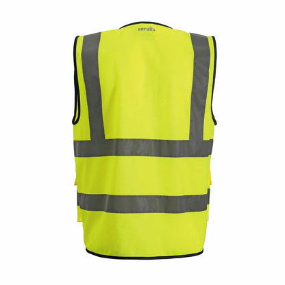 Five neon yellow Scruffs high-vis executive safety vests with reflective silver strips, a clear plastic chest ID pocket, and a dark zip fastening, laid out on a clean industrial concrete background.