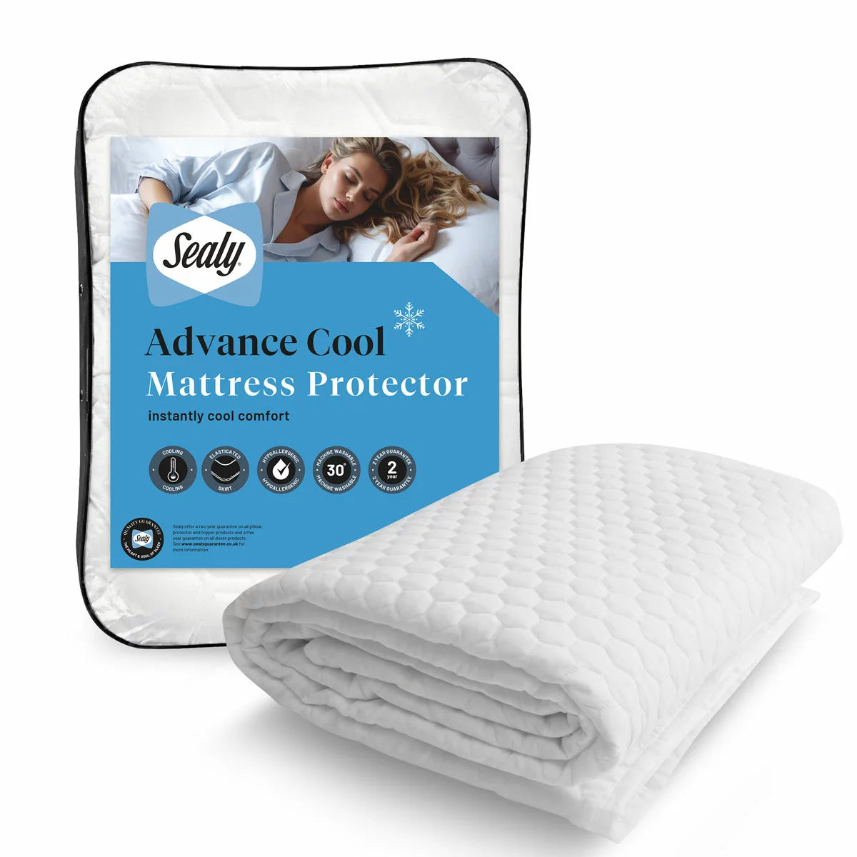 Top-down view of the white textured Sealy Advance Cool Mattress Protector on a bed showing its patterned quilted finish and 30 cm elasticated skirt.