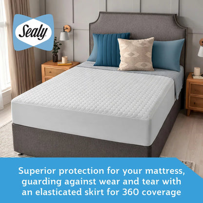 Top-down view of the white textured Sealy Advance Cool Mattress Protector on a bed showing its patterned quilted finish and 30 cm elasticated skirt.