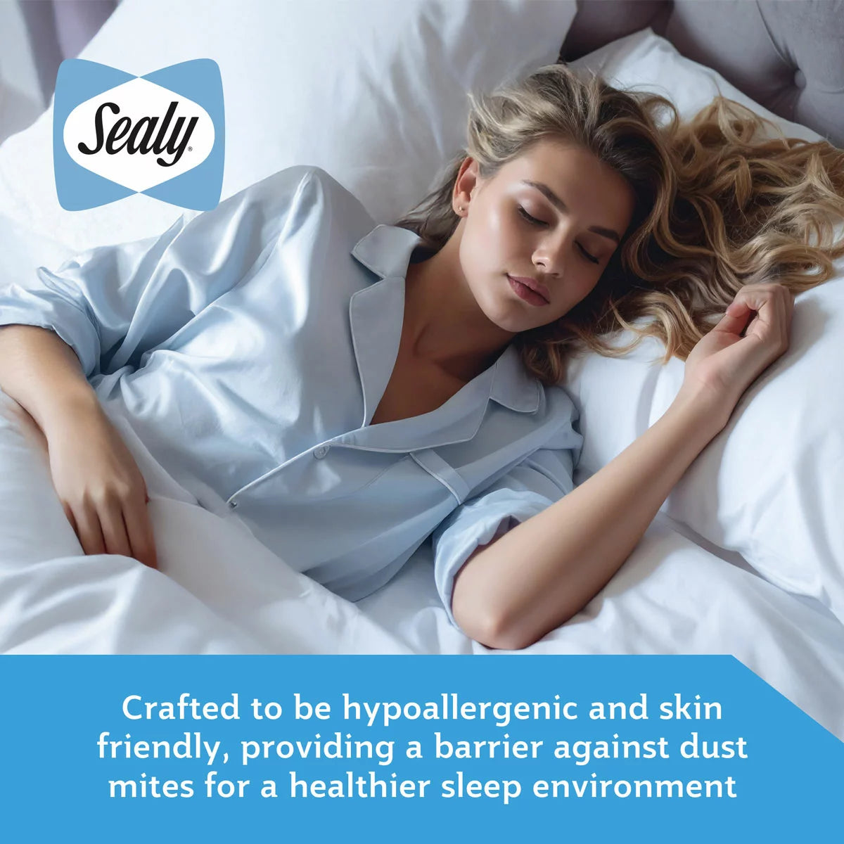 Top-down view of the white textured Sealy Advance Cool Mattress Protector on a bed showing its patterned quilted finish and 30 cm elasticated skirt.