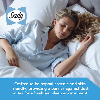 Top-down view of the white textured Sealy Advance Cool Mattress Protector on a bed showing its patterned quilted finish and 30 cm elasticated skirt.