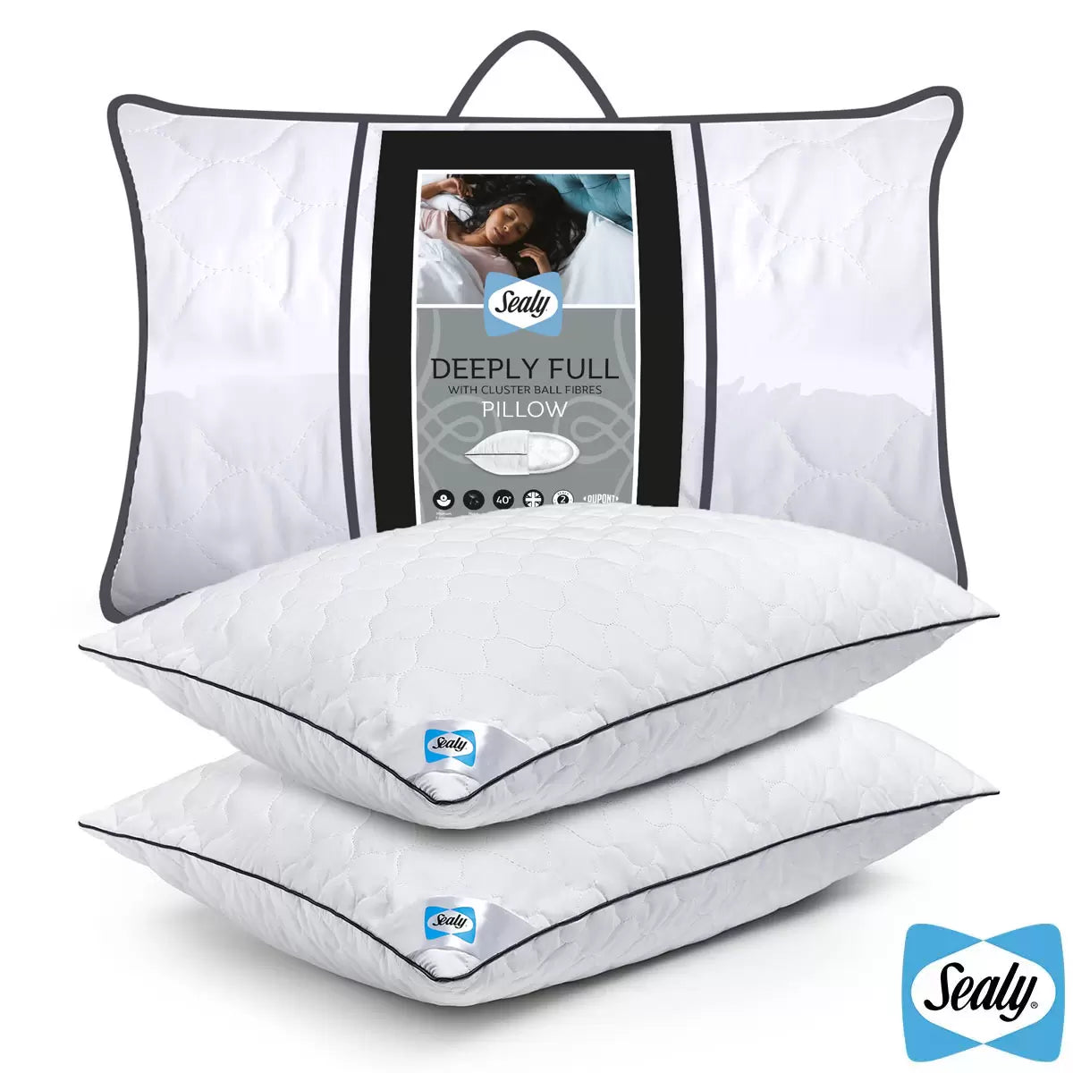 Pair of white Sealy Deeply Full Pillows showing off the quilted cotton cover texture while arranged on a contemporary bed frame.