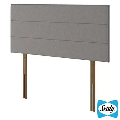 Front angle view of the Sealy Kingston Silver Fox fabric headboard showing detailed woven fabric texture mounted on a bed frame.