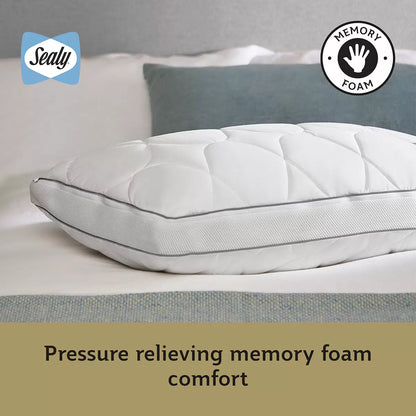 White Sealy Memory Airflow Pillow showing the quilted cotton surface and breathable grey air mesh sidewall details on a modern bed setup.