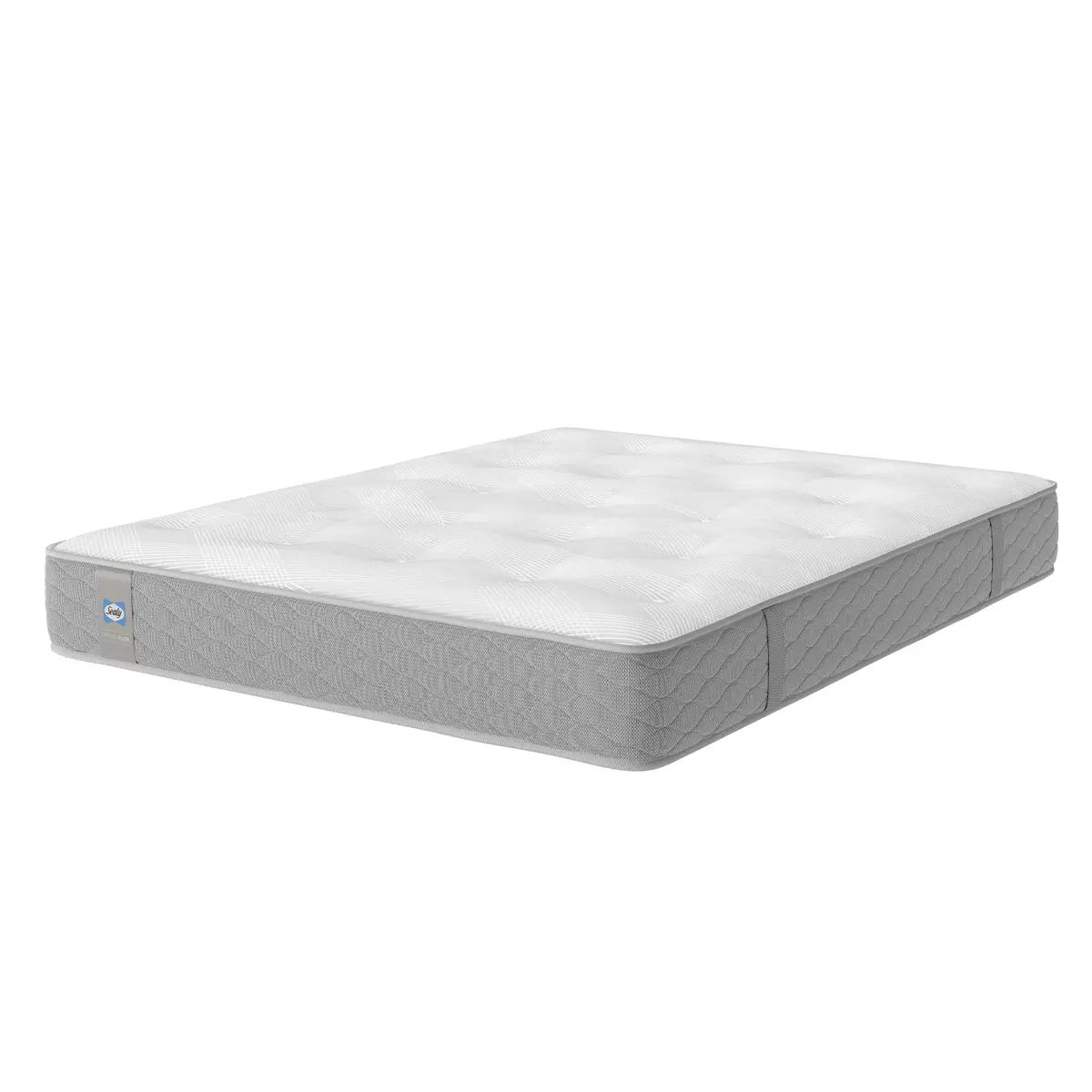 Sealy Ortho Plus Lovell firm tufted mattress showing a close-up of its high-quality hand tufted fabric surface.