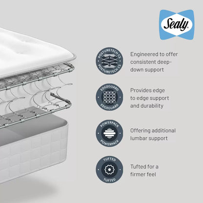 Sealy Ortho Plus Lovell firm tufted mattress showing a close-up of its high-quality hand tufted fabric surface.