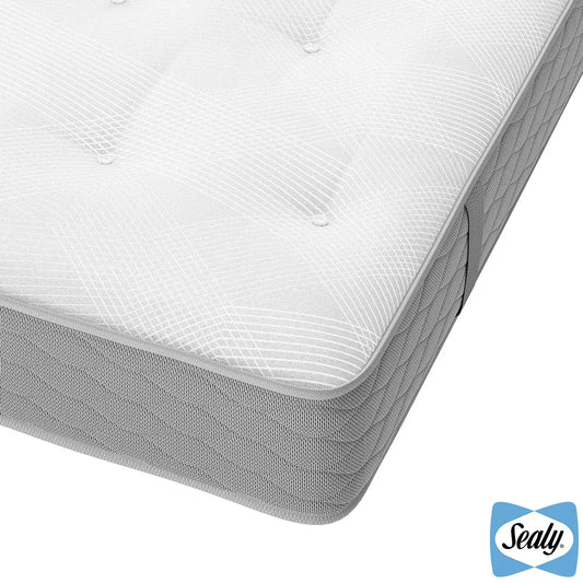 White tufted Sealy Ortho Plus Lovell double firm mattress showing detailed side stitching and dark fabric border in a modern bedroom setting.