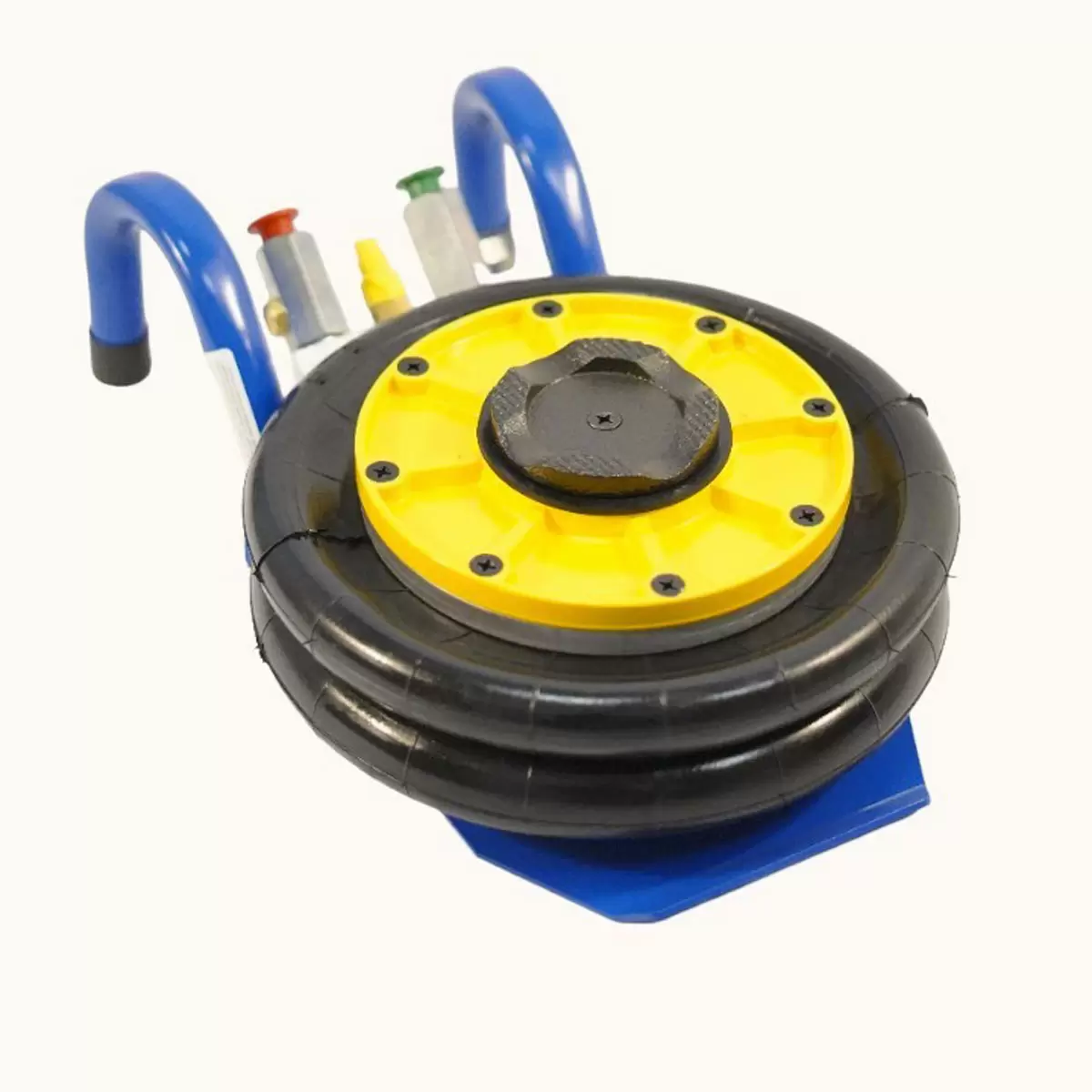 Side profile of the blue Selson HBNXLO 2-bellow hand-held air jack resting on a concrete workshop floor, highlighting its robust rubber bellows, wide support base, and long metal control handle.