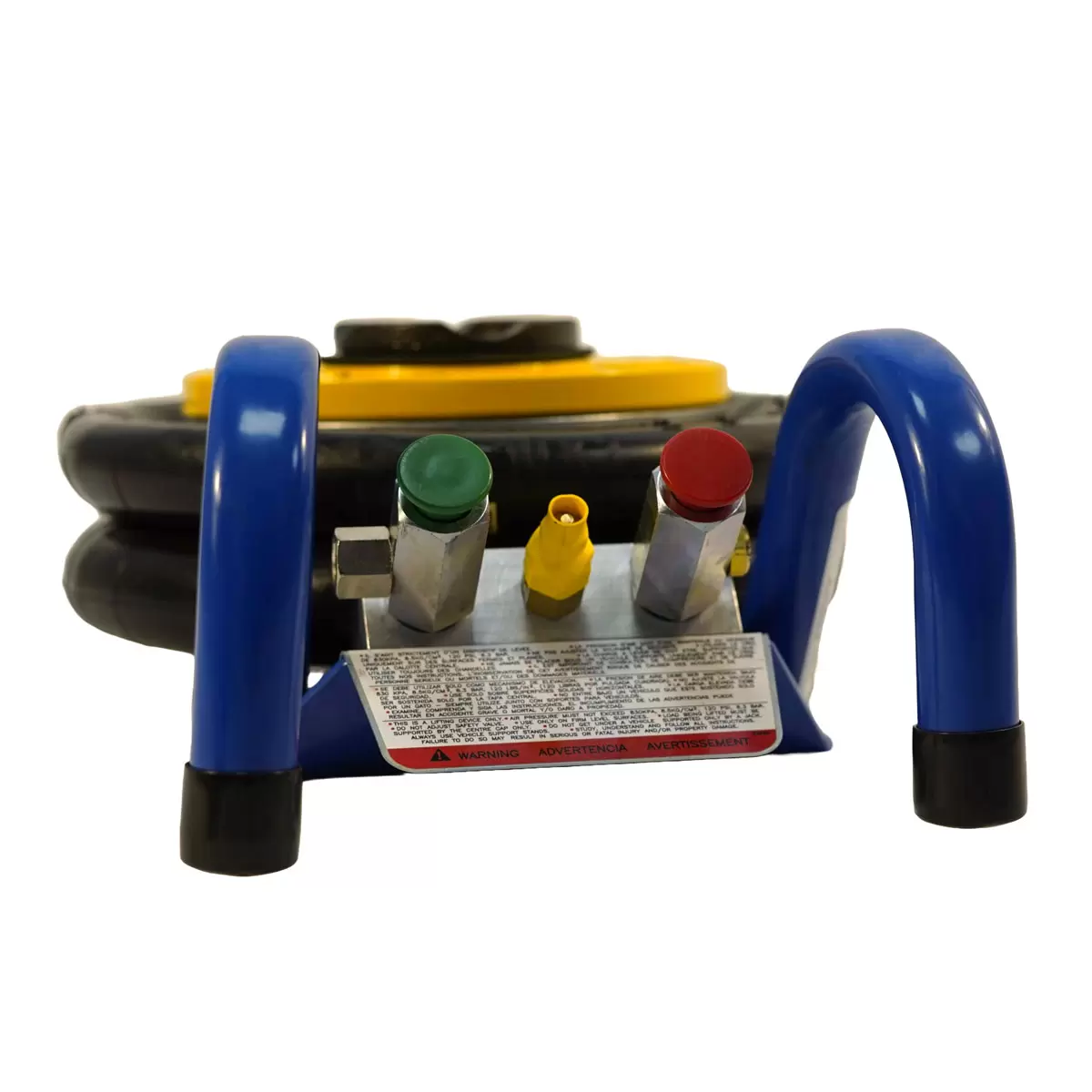 Side profile of the blue Selson HBNXLO 2-bellow hand-held air jack resting on a concrete workshop floor, highlighting its robust rubber bellows, wide support base, and long metal control handle.
