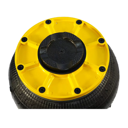 Side profile of the blue Selson HBNXLO 2-bellow hand-held air jack resting on a concrete workshop floor, highlighting its robust rubber bellows, wide support base, and long metal control handle.