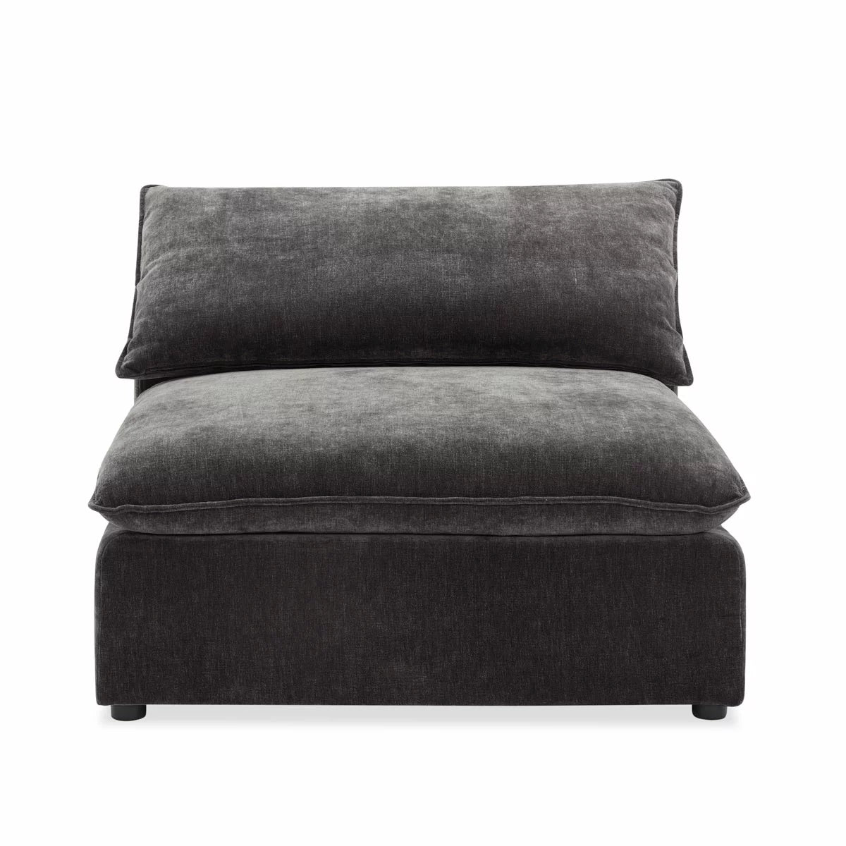 Front angle view of the Aiden & Ivy Sereen dark grey fabric armless chair, showcasing its textured upholstery, deep feather-blend seat, and clean minimalist profile in a contemporary apartment setting.