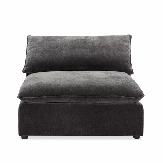 Front angle view of the Aiden & Ivy Sereen dark grey fabric armless chair, showcasing its textured upholstery, deep feather-blend seat, and clean minimalist profile in a contemporary apartment setting.