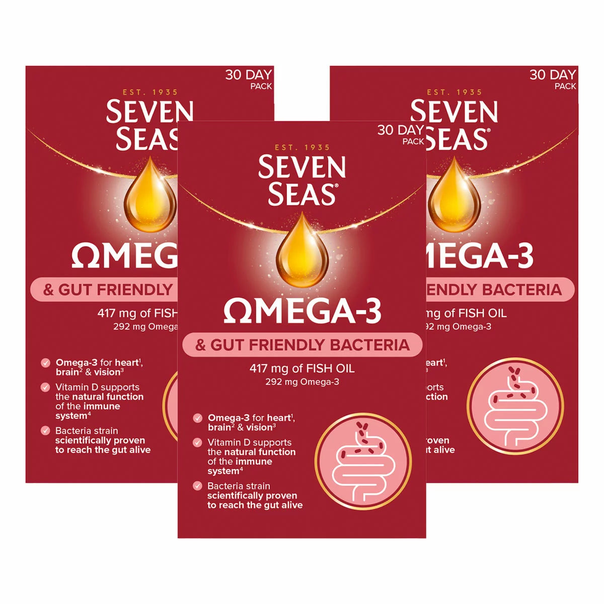 Seven Seas Omega 3 and Gut Friendly Bacteria 3 x 30 count supplement for heart health digestive wellness and daily nutrition support