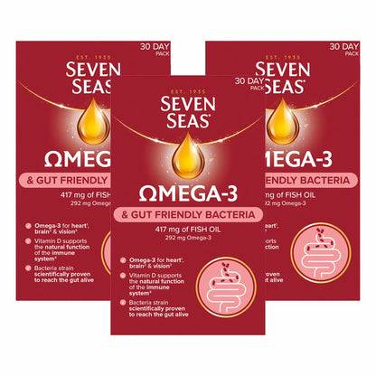Seven Seas Omega 3 and Gut Friendly Bacteria 3 x 30 count supplement for heart health digestive wellness and daily nutrition support