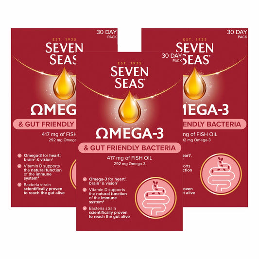 Seven Seas Omega 3 and Gut Friendly Bacteria 3 x 30 count supplement for heart health digestive wellness and daily nutrition support