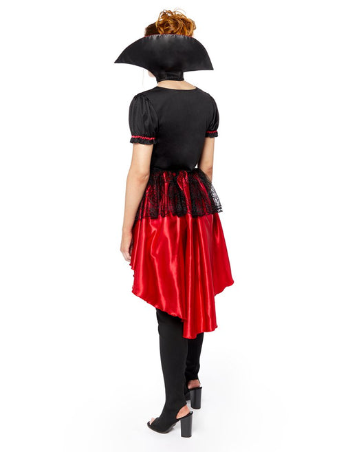 Front view of the women's Sexy Vampire Adult Costume featuring a black dress with crimson chest detailing and a tall standing collar against a dark background.