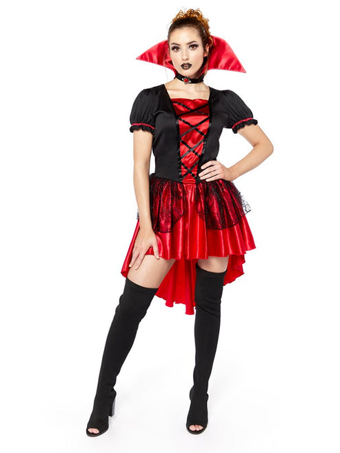 Front view of the women's Sexy Vampire Adult Costume featuring a black dress with crimson chest detailing and a tall standing collar against a dark background.
