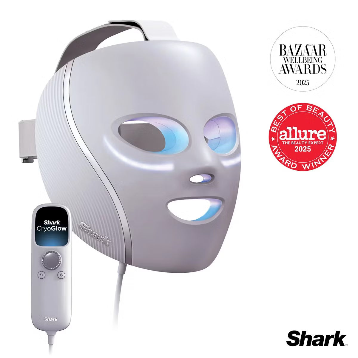 Shark CryoGlow LED therapy mask in Lilac Chill with silicone eye guards, attached handheld controller, and USB-C cable displayed on a white marble vanity.