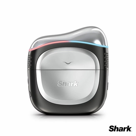 The Shark DePuffi contrast therapy tool in warm black, shown with its travel case and charging cord, highlighting its sleek, ergonomic design.