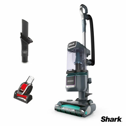 Front view of the navy and silver Shark Detect XL Pet Pro upright vacuum cleaner standing on a clean hardwood floor in a modern living room setting.